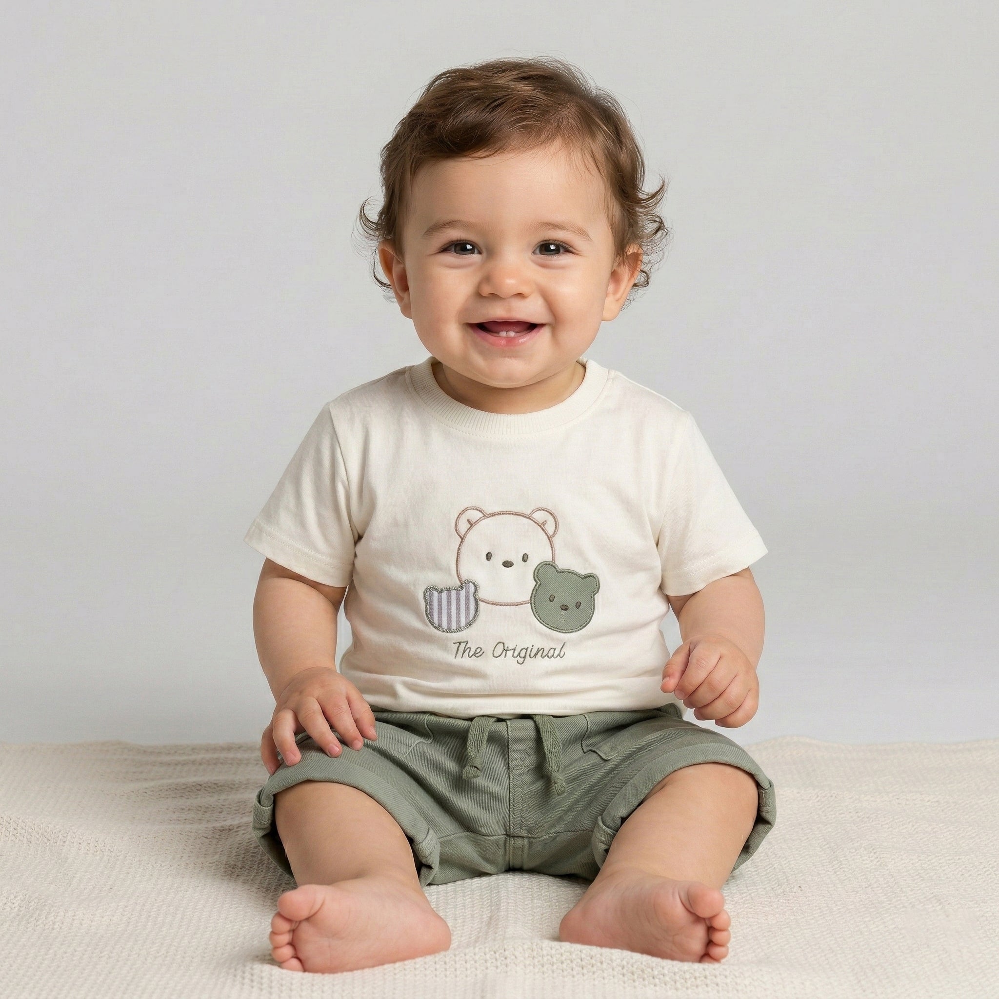 Baby Boy’s "The Original" 3-Piece Set – Striped Shirt, Graphic Tee & Soft Olive Shorts