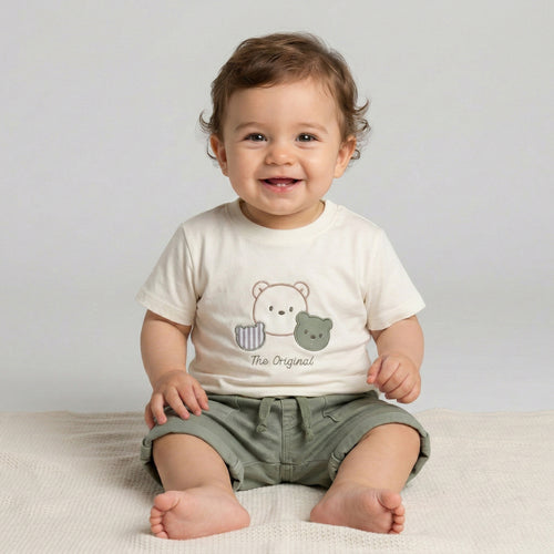 Baby Boy’s "The Original" 3-Piece Set – Striped Shirt, Graphic Tee & Soft Olive Shorts