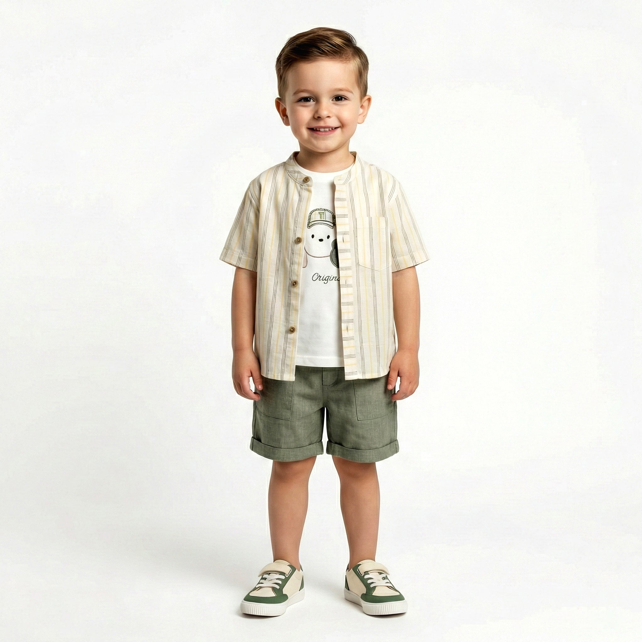 Toddler Three-Piece "The Original" Bear Tee & Tailored Olive Shorts