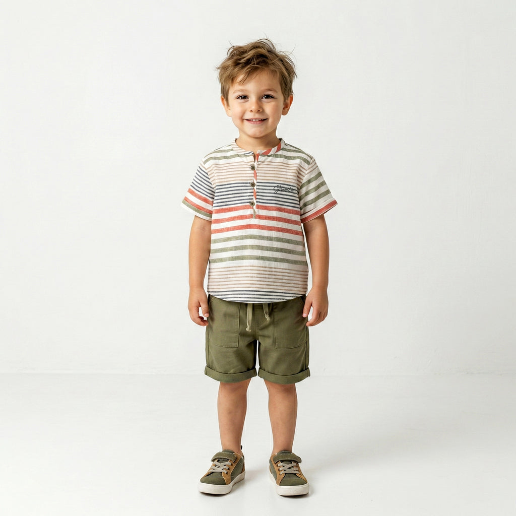 Toddler Boy’s Adventure-Ready Striped Henley & Olive Short Set