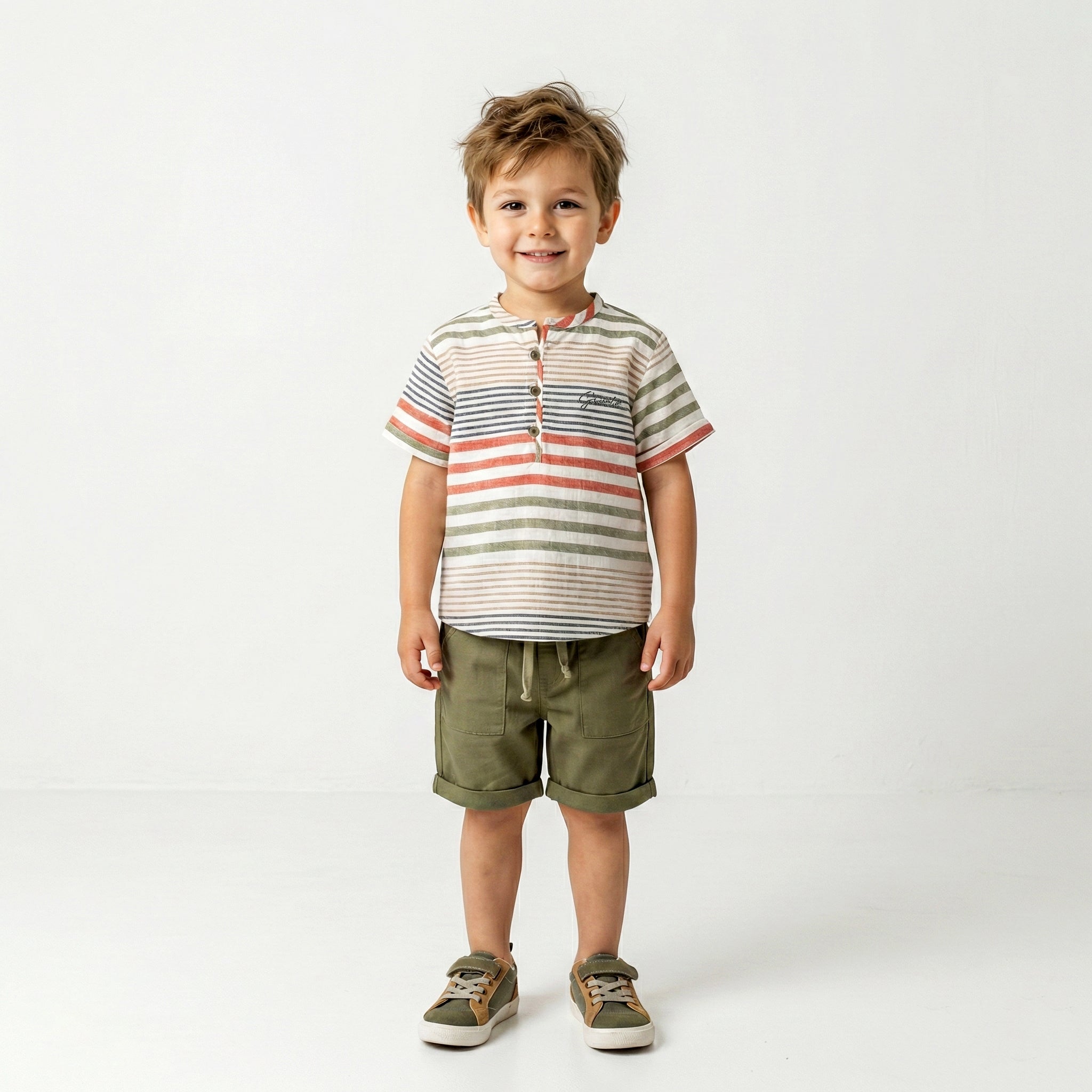 Toddler Boy’s Adventure-Ready Striped Henley & Olive Short Set