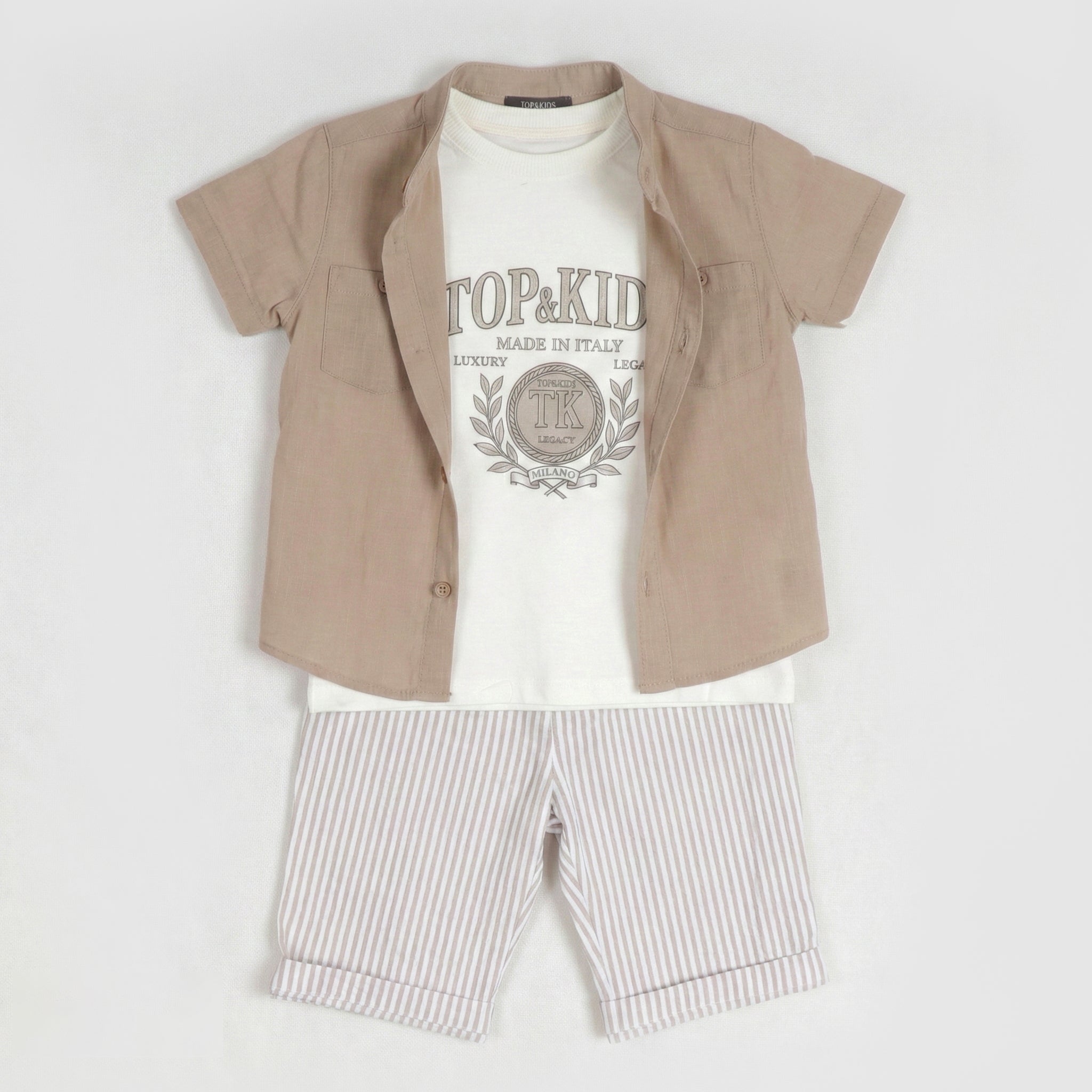 Boys' Three-Piece Smart-Casual Set with Short-Sleeve Mandarin Collar Utility Shirt