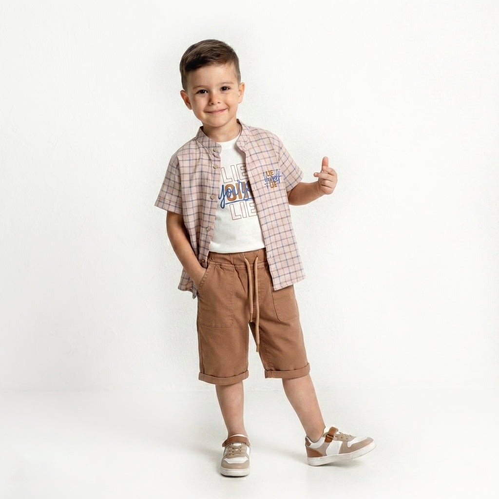 Boys 3-Piece Smart-Casual Set with Checkered Short-Sleeve Shirt