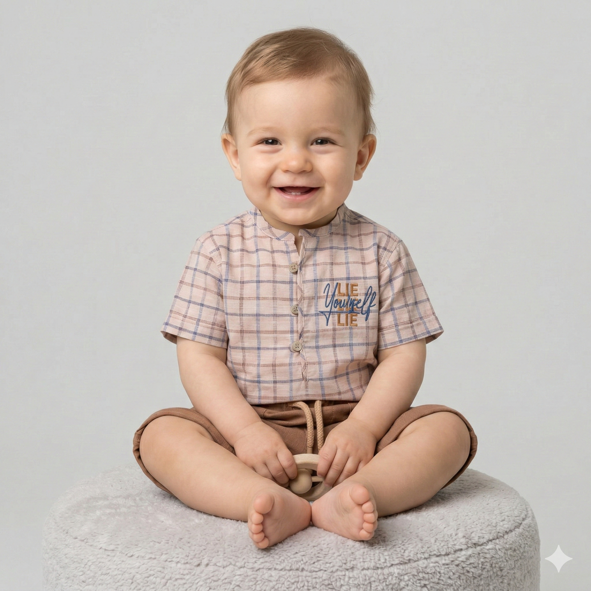 Infant Checked Mandarin Collar Shirt & Earth-Tone Shorts Set