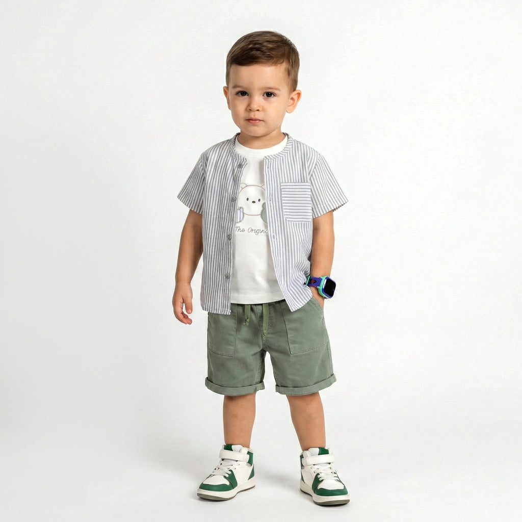 Toddler Boy’s Adventure-Ready Striped Shirt & Bear Graphic 3-Piece Set