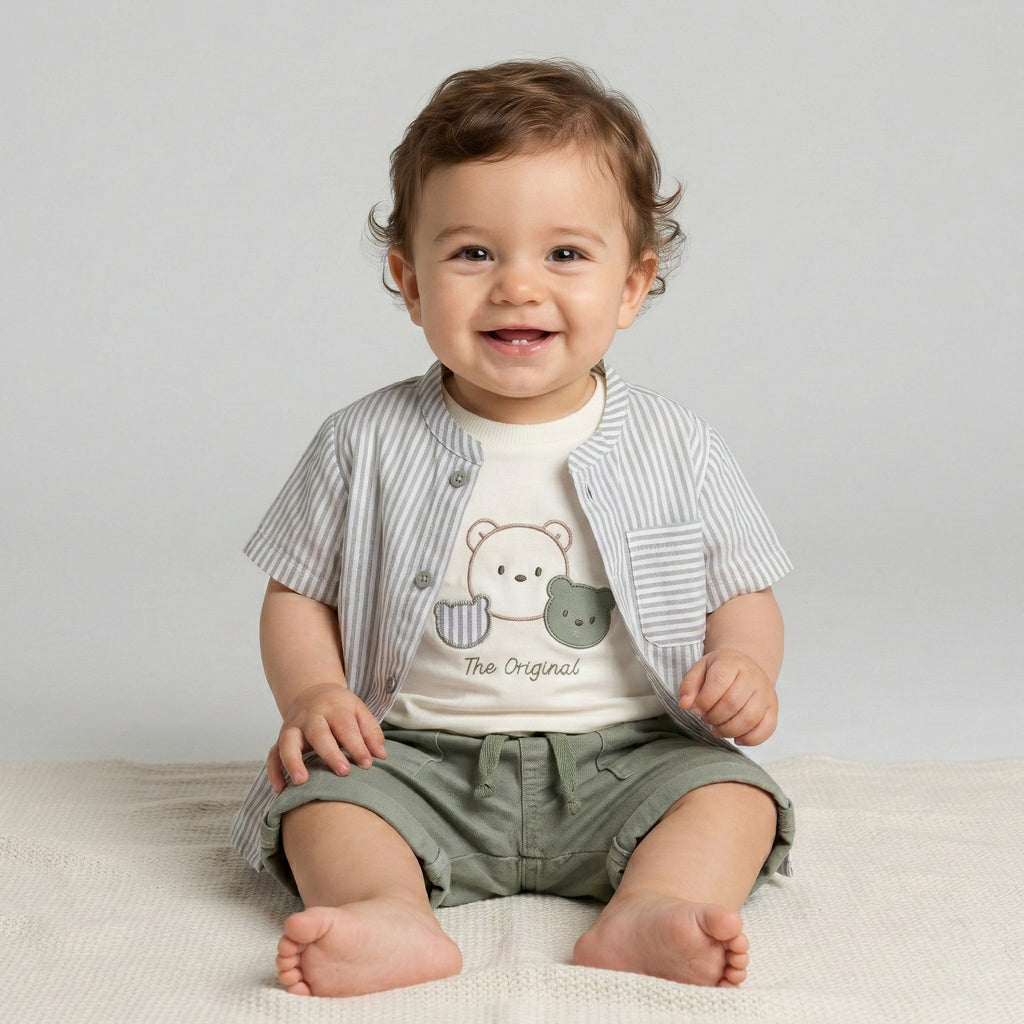 Baby Boy’s "The Original" 3-Piece Set – Striped Shirt, Graphic Tee & Soft Olive Shorts