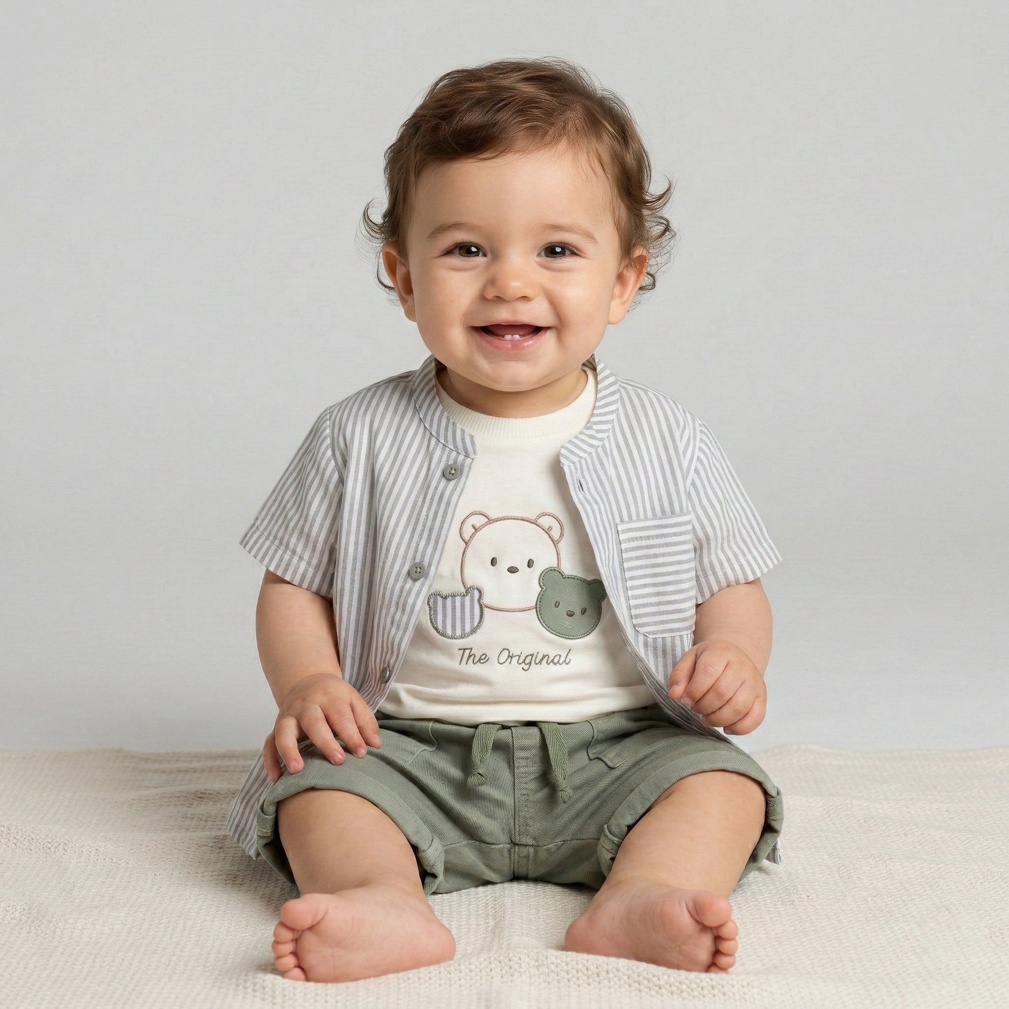 Baby Boy’s "The Original" 3-Piece Set – Striped Shirt, Graphic Tee & Soft Olive Shorts