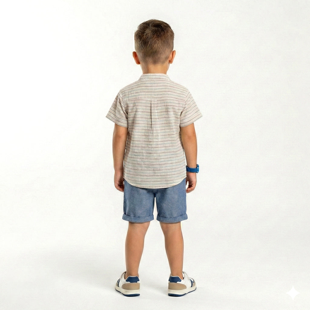 Boys' Two-Piece Casual Set with Henley-Style Striped Shirt