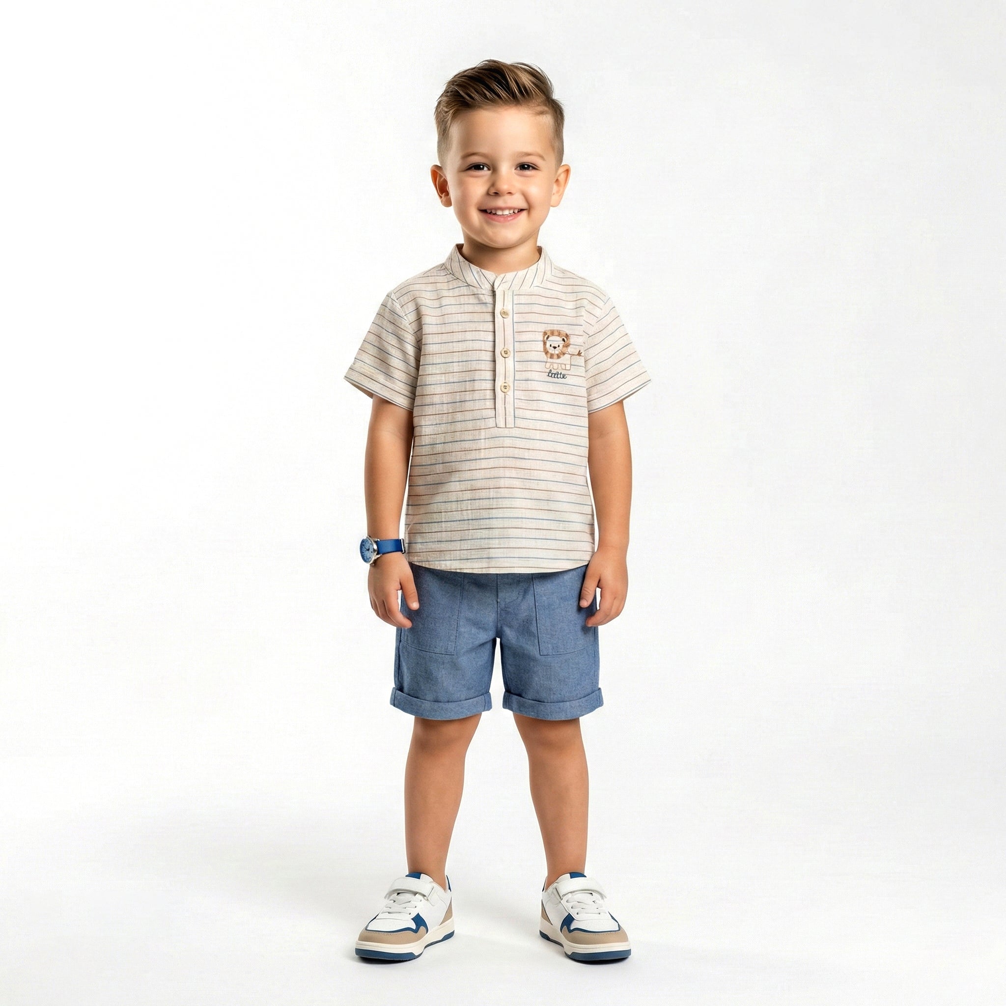Boys' Two-Piece Casual Set with Henley-Style Striped Shirt