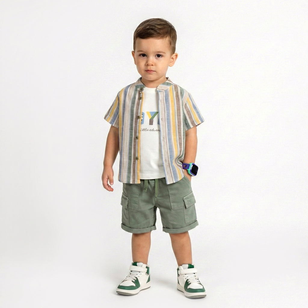 Toddler 3-Piece "Little Adventure" Striped Shirt & Tailored Shorts Set