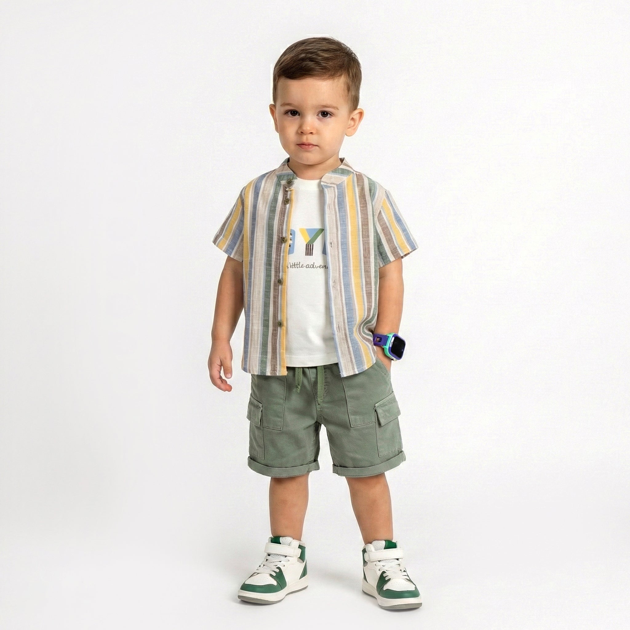 Toddler 3-Piece "Little Adventure" Striped Shirt & Tailored Shorts Set