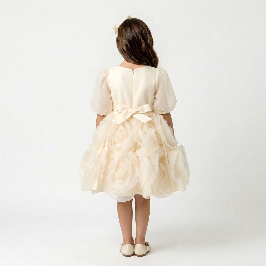Girls' Elegant Satin Gala Dress with Structural Shoulder Accents