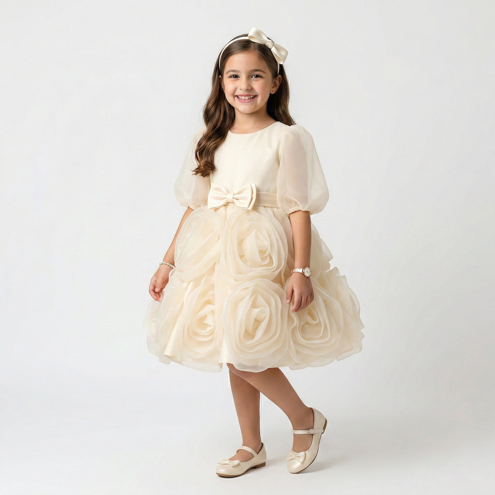Girls' Elegant Satin Gala Dress with Structural Shoulder Accents