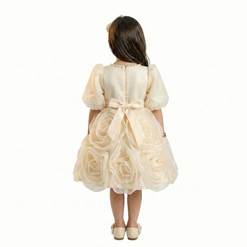 Girls' Whimsical Rose-Bloom Occasion Dress with Bow Accent