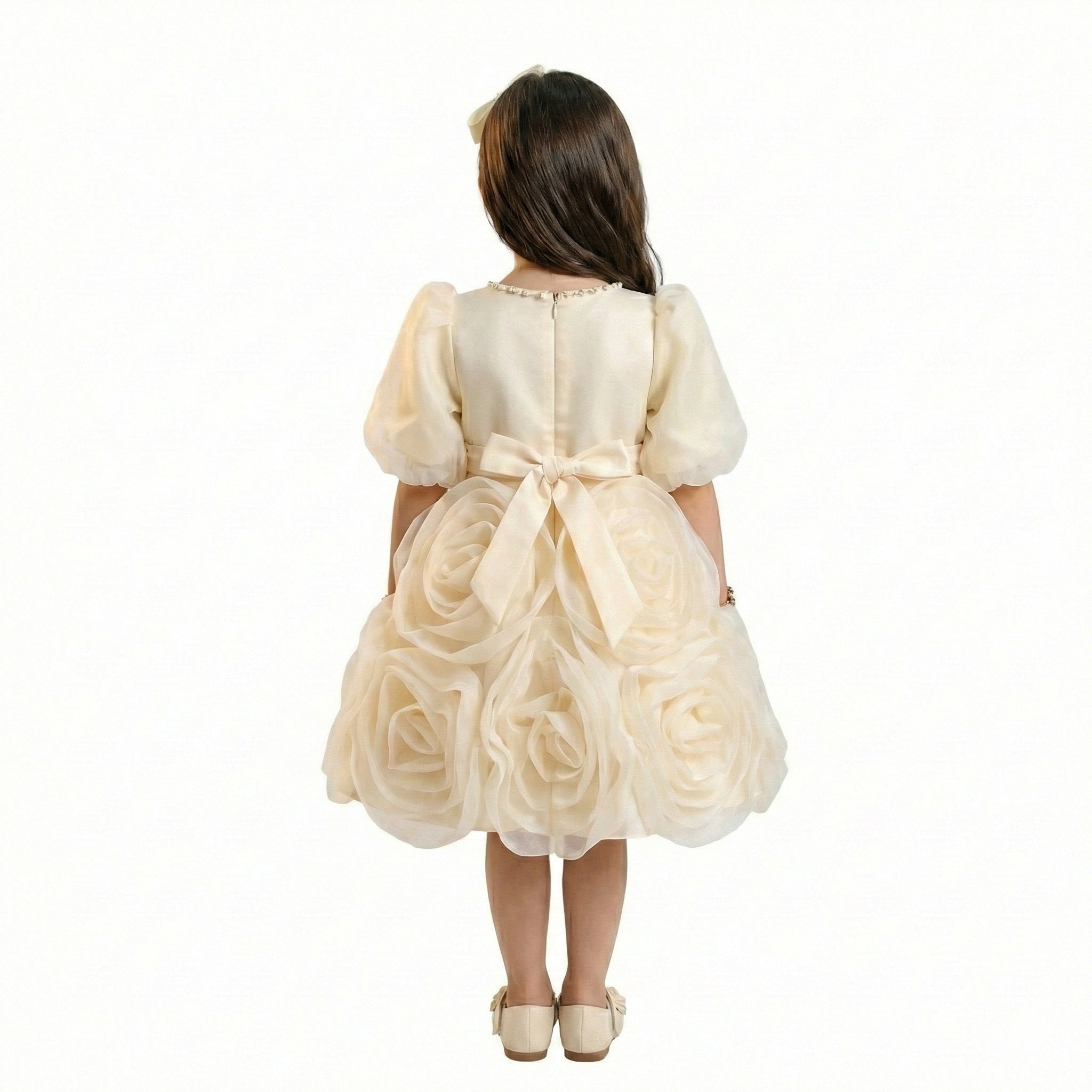 Girls' Whimsical Rose-Bloom Occasion Dress with Bow Accent