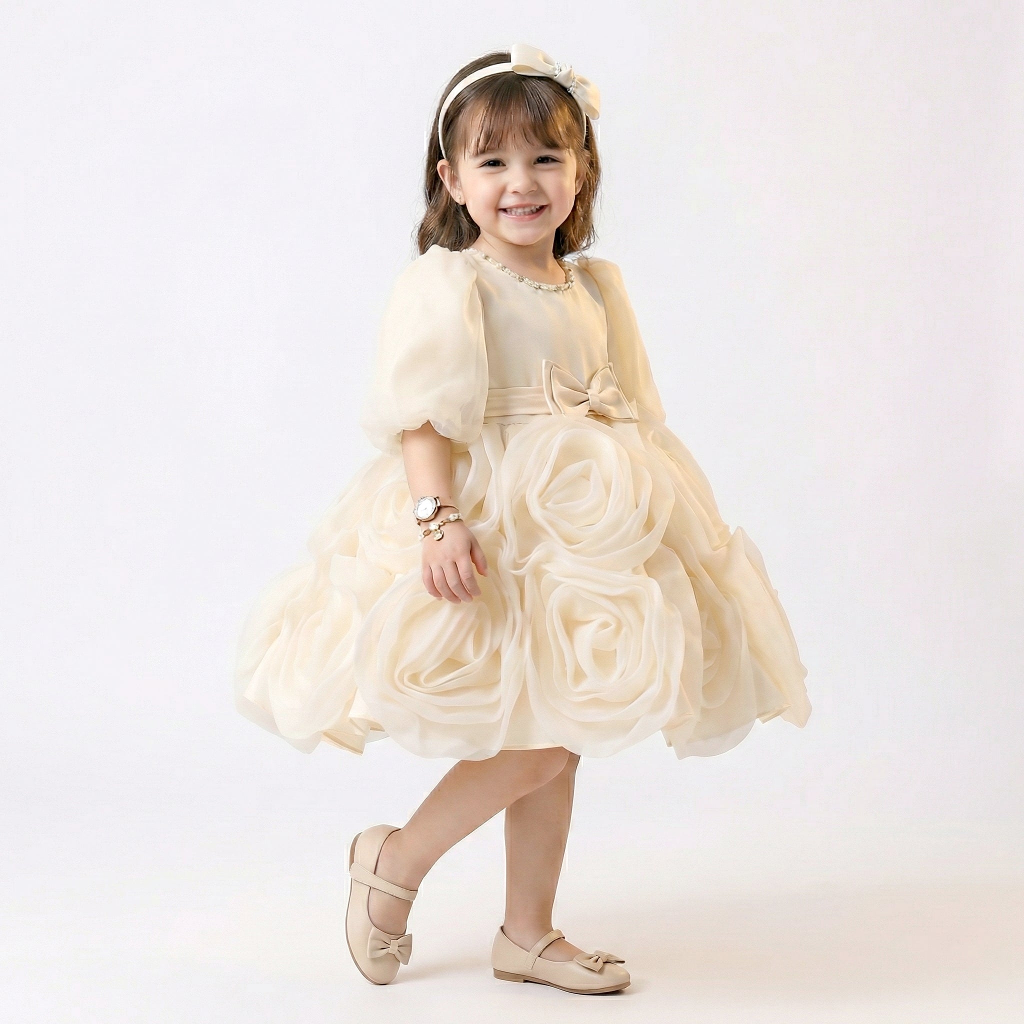 Girls' Boutique Satin A-Line Dress with Soft Shoulder Bows