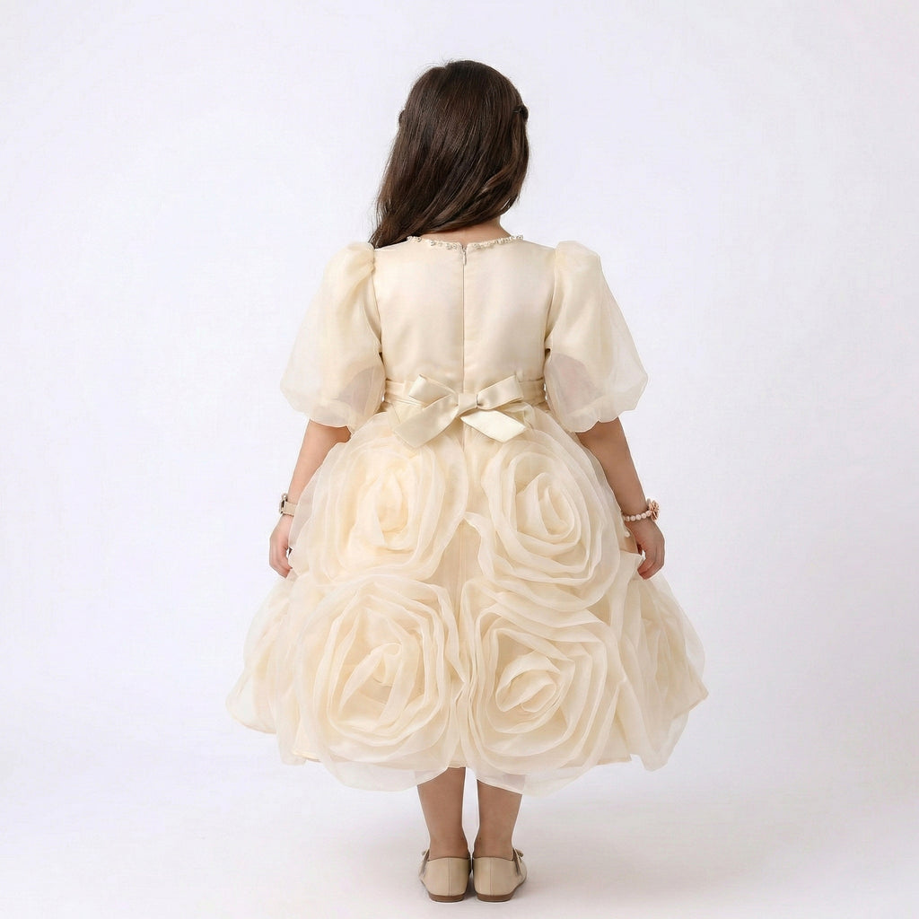 Girls' Statement Rose-Appliqué Formal Dress with Bow Waist