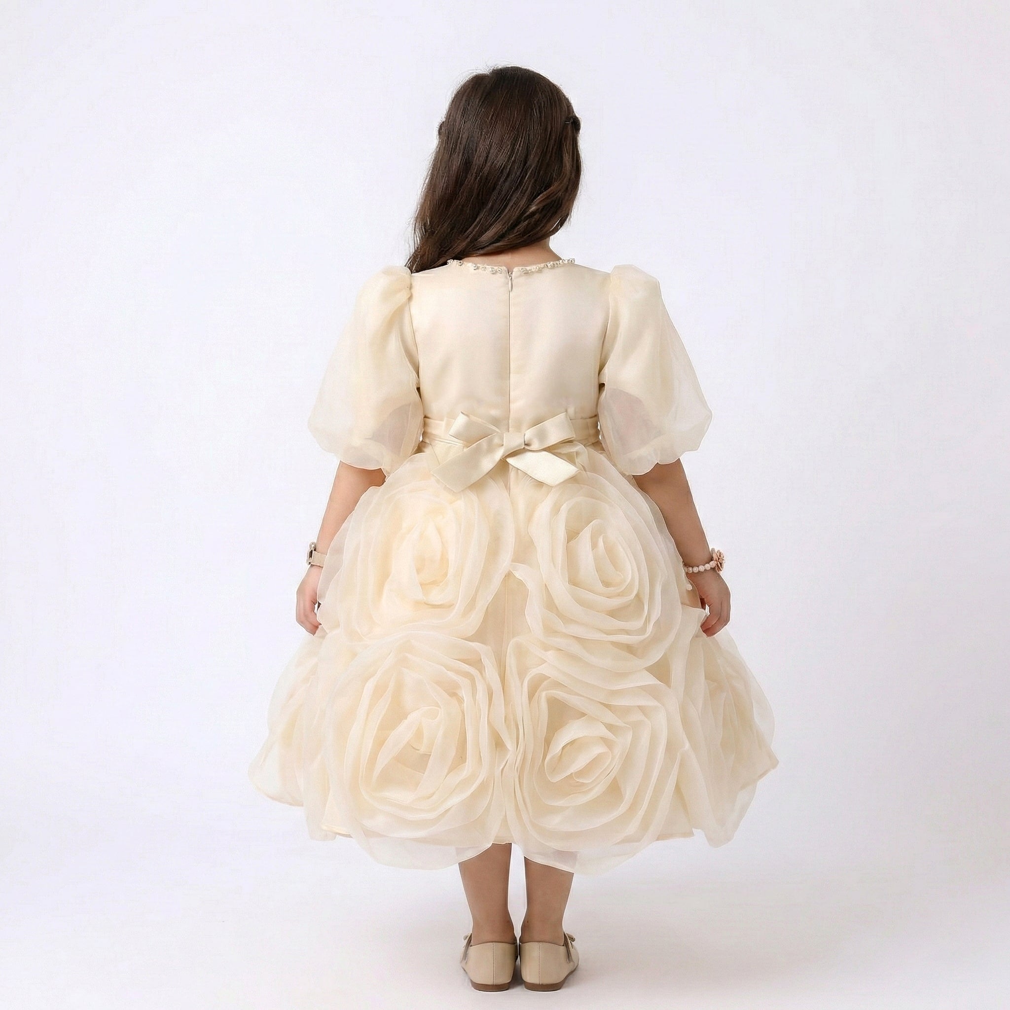 Girls' Statement Rose-Appliqué Formal Dress with Bow Waist