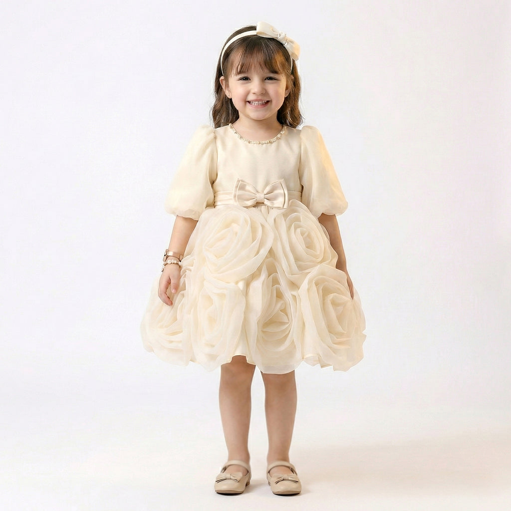 Girls' Boutique Satin A-Line Dress with Soft Shoulder Bows