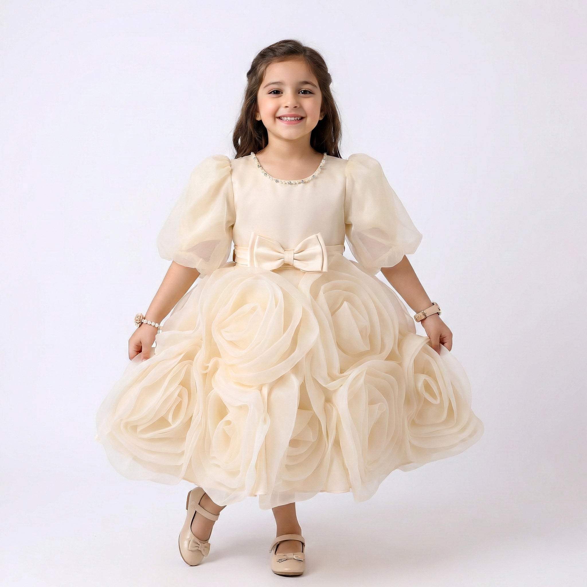 Girls' Statement Rose-Appliqué Formal Dress with Bow Waist