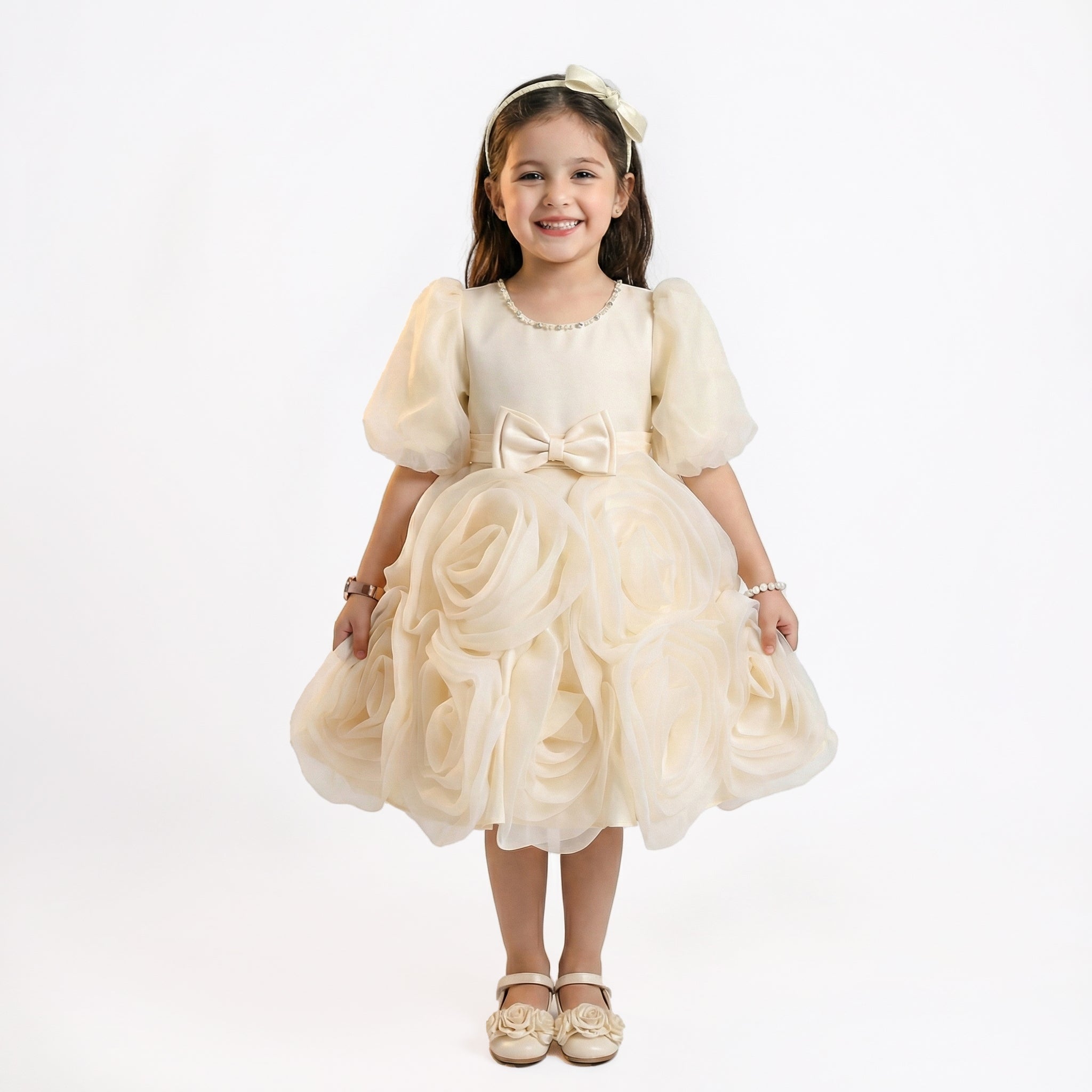 Girls' Whimsical Rose-Bloom Occasion Dress with Bow Accent