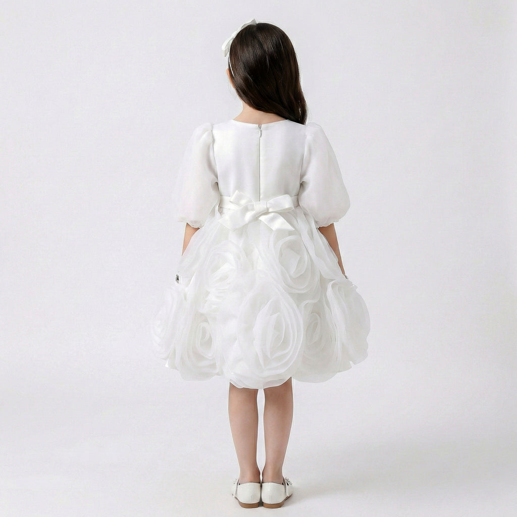Girls' Elegant Satin Gala Dress with Structural Shoulder Accents