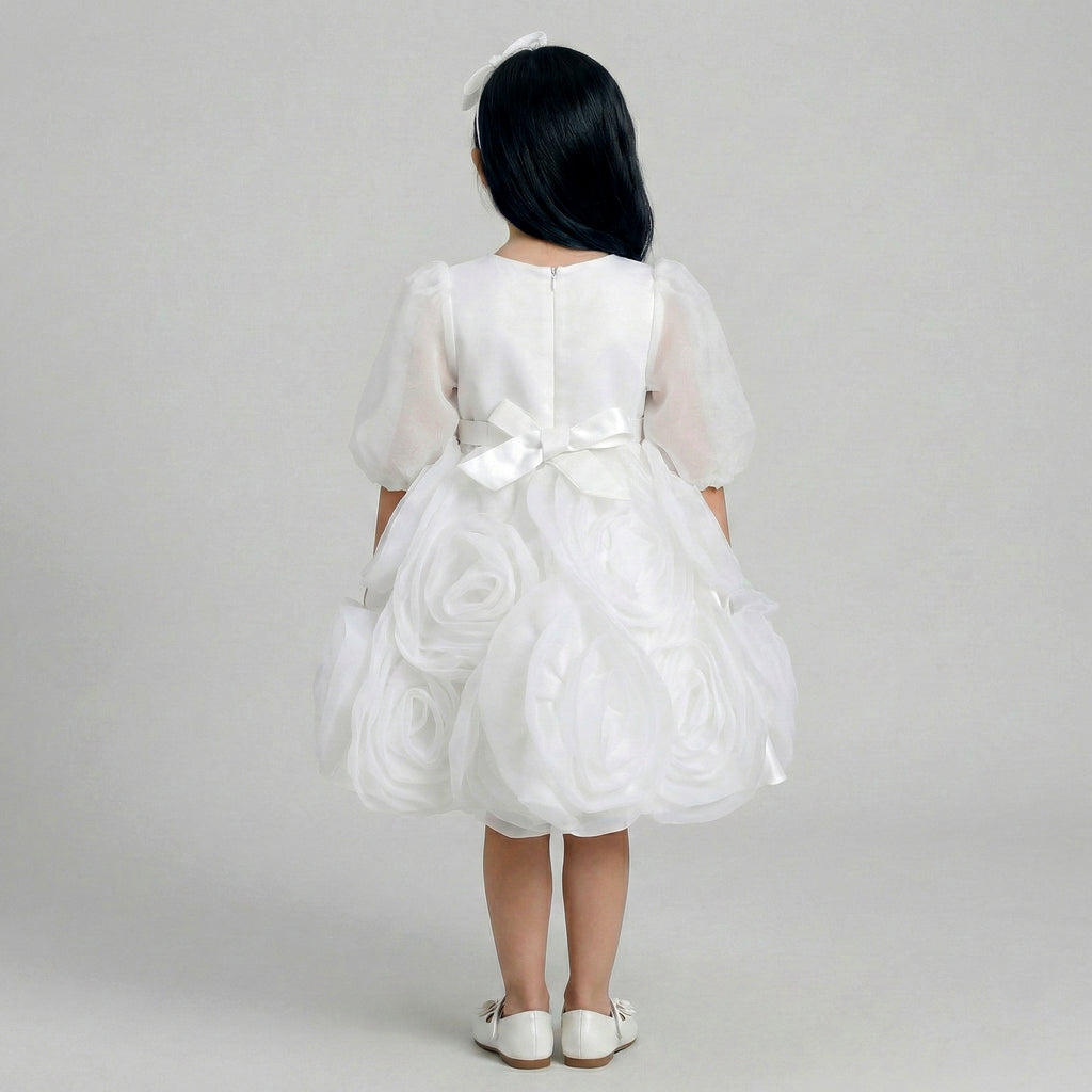 Girls' Whimsical Rose-Bloom Occasion Dress with Bow Accent