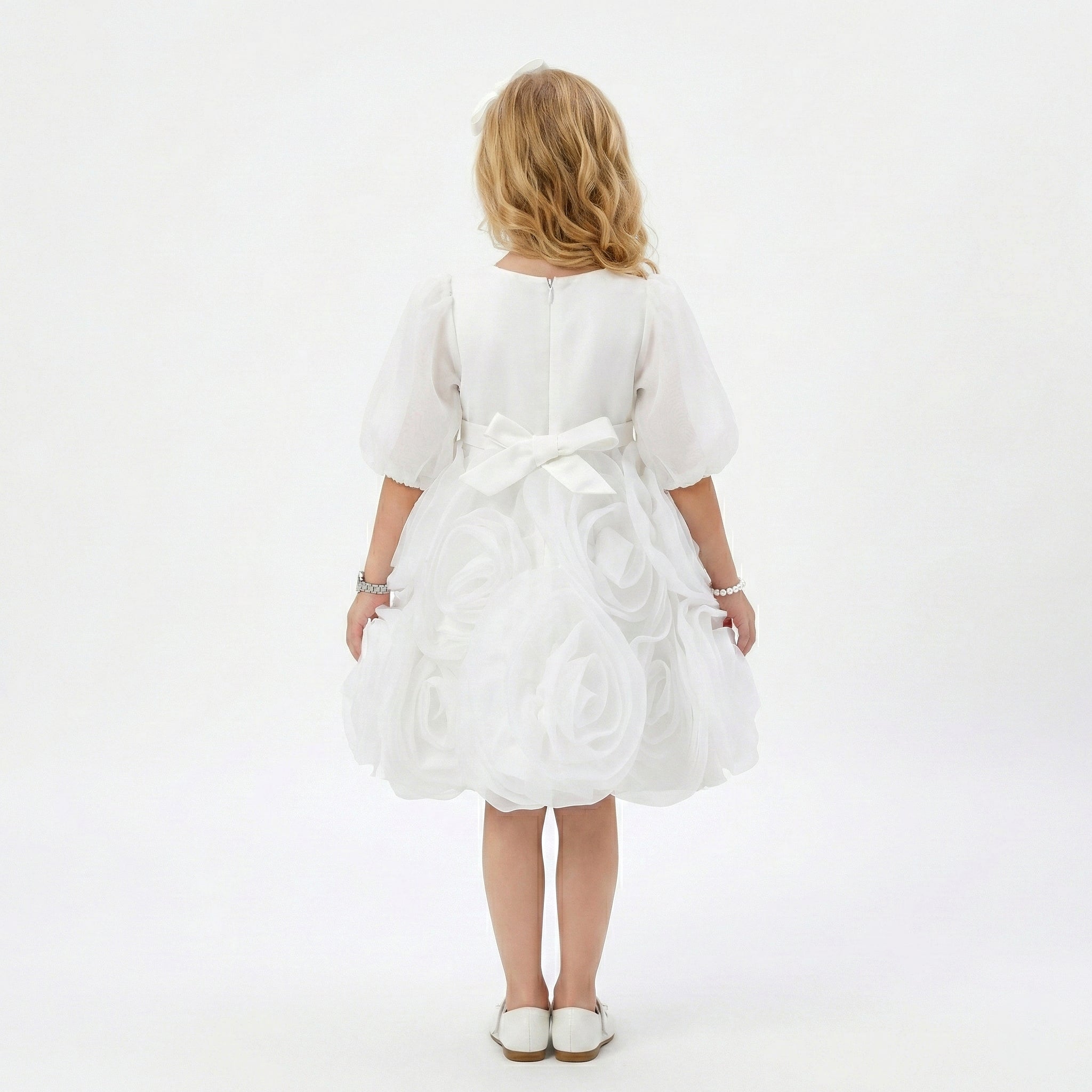Girls' Statement Rose-Appliqué Formal Dress with Bow Waist