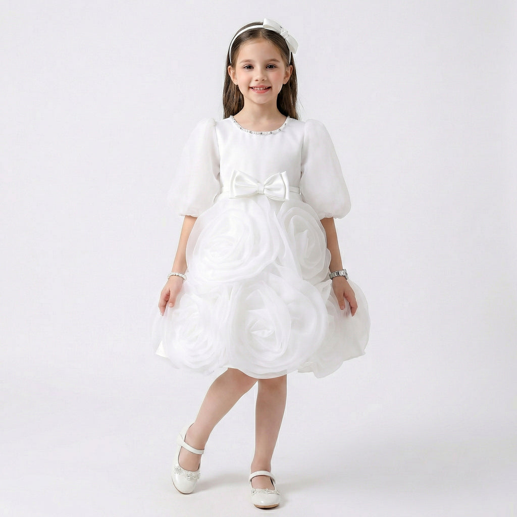 Girls' Elegant Satin Gala Dress with Structural Shoulder Accents