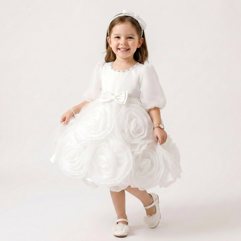 Girls' Boutique Satin A-Line Dress with Soft Shoulder Bows
