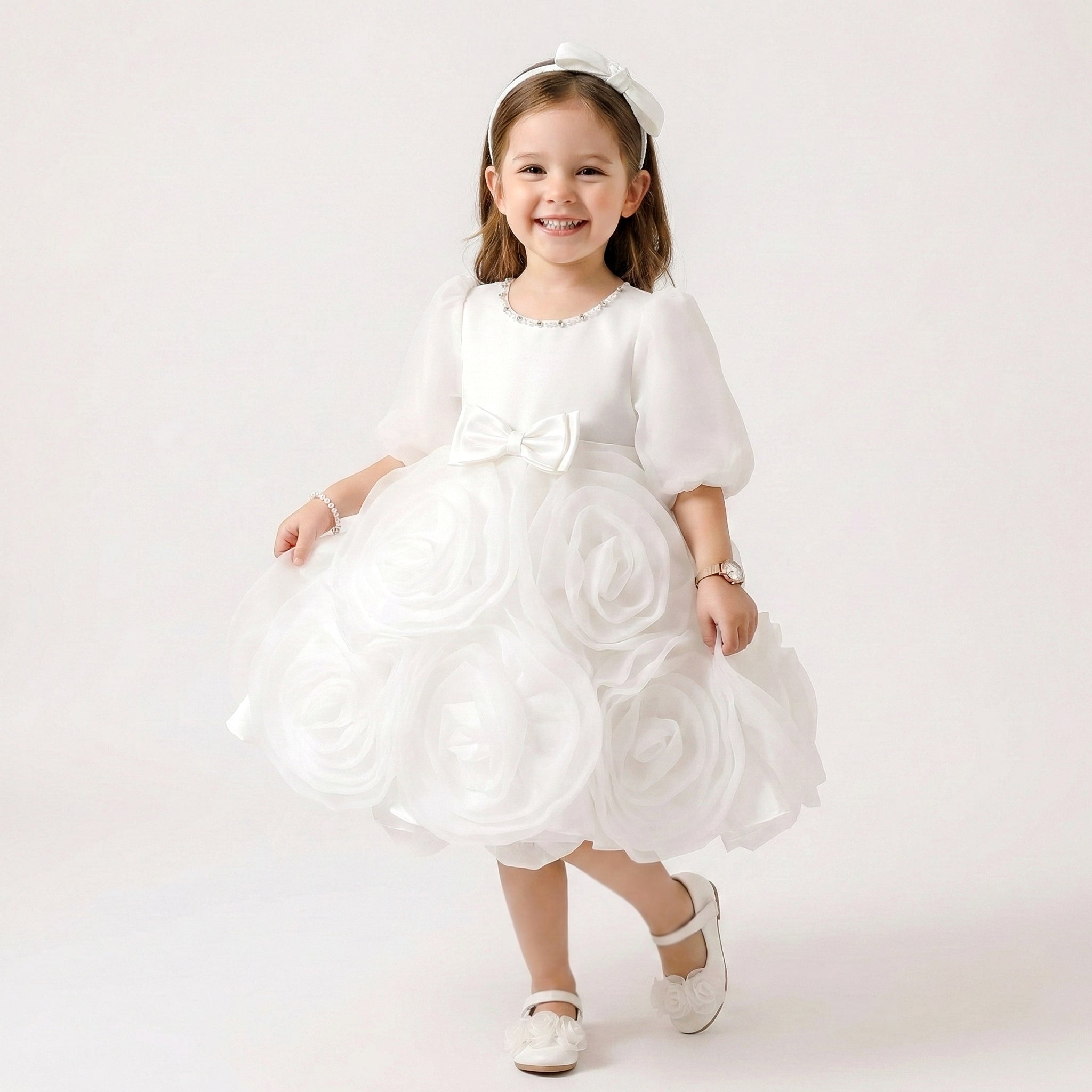Girls' Boutique Satin A-Line Dress with Soft Shoulder Bows