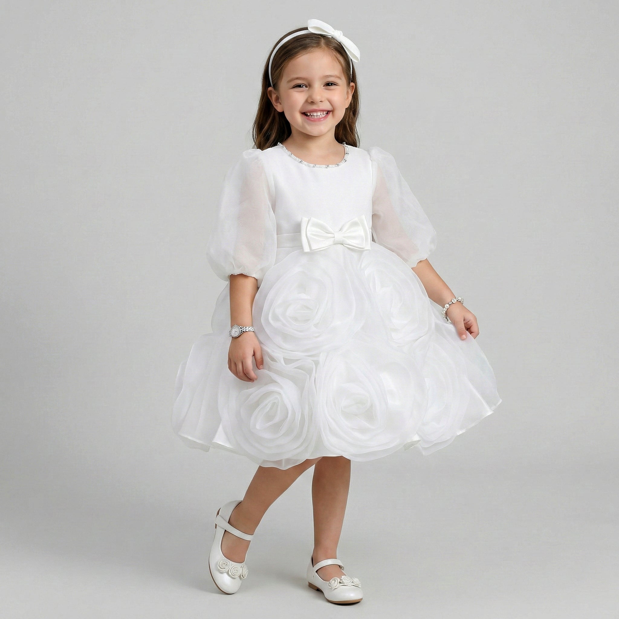Girls' Whimsical Rose-Bloom Occasion Dress with Bow Accent