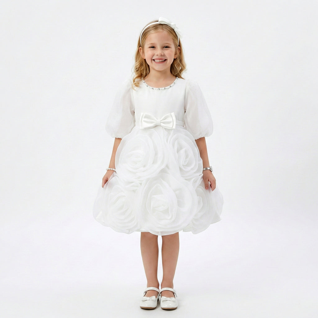 Girls' Statement Rose-Appliqué Formal Dress with Bow Waist