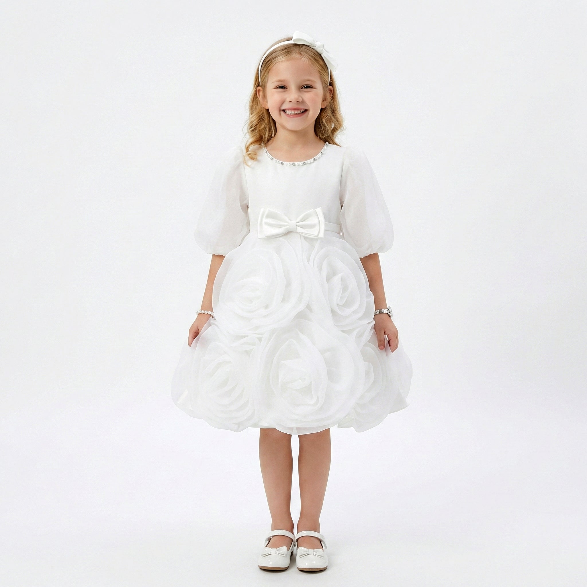 Girls' Statement Rose-Appliqué Formal Dress with Bow Waist