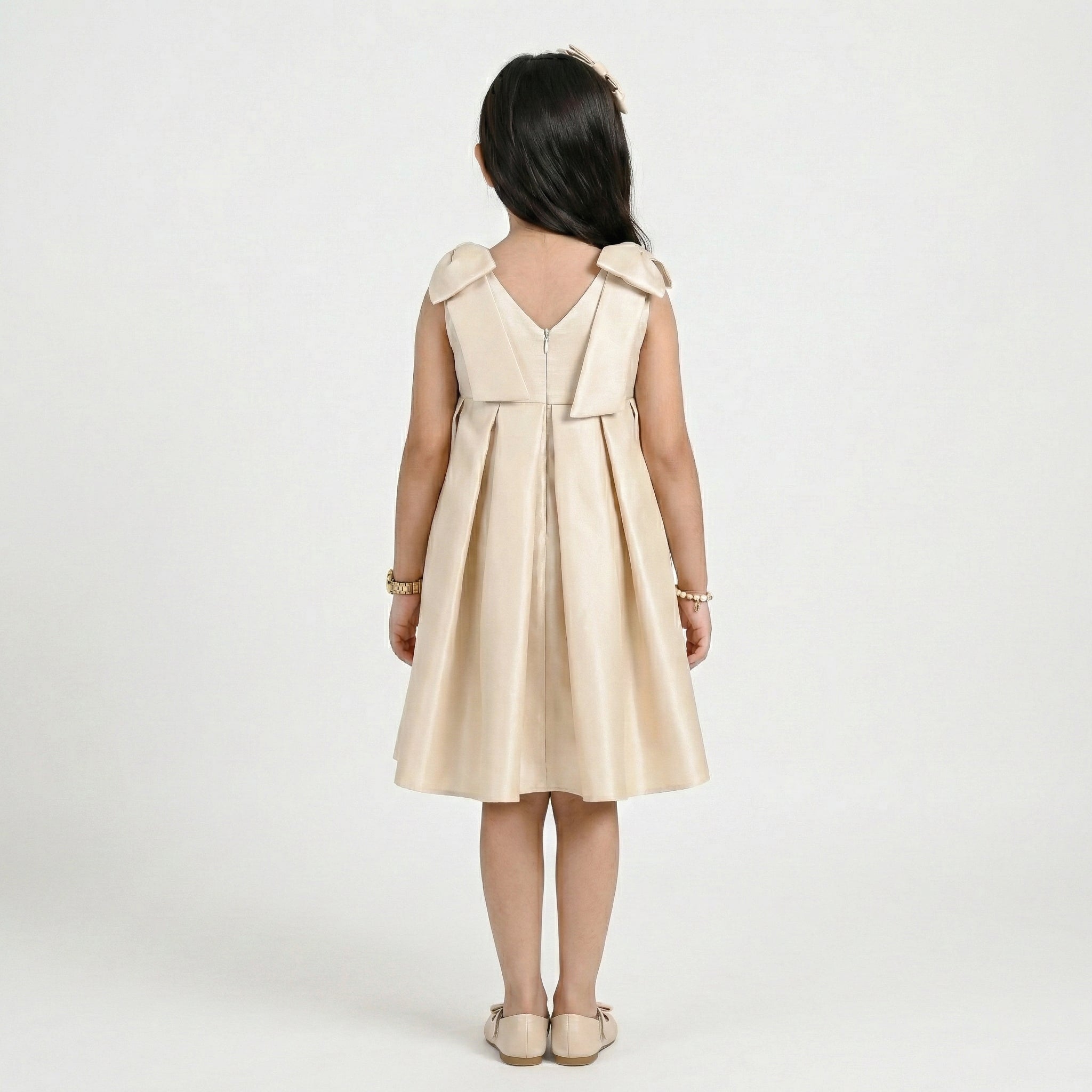 Girls' Sophisticated Satin Formal Dress with Structural Bow Details