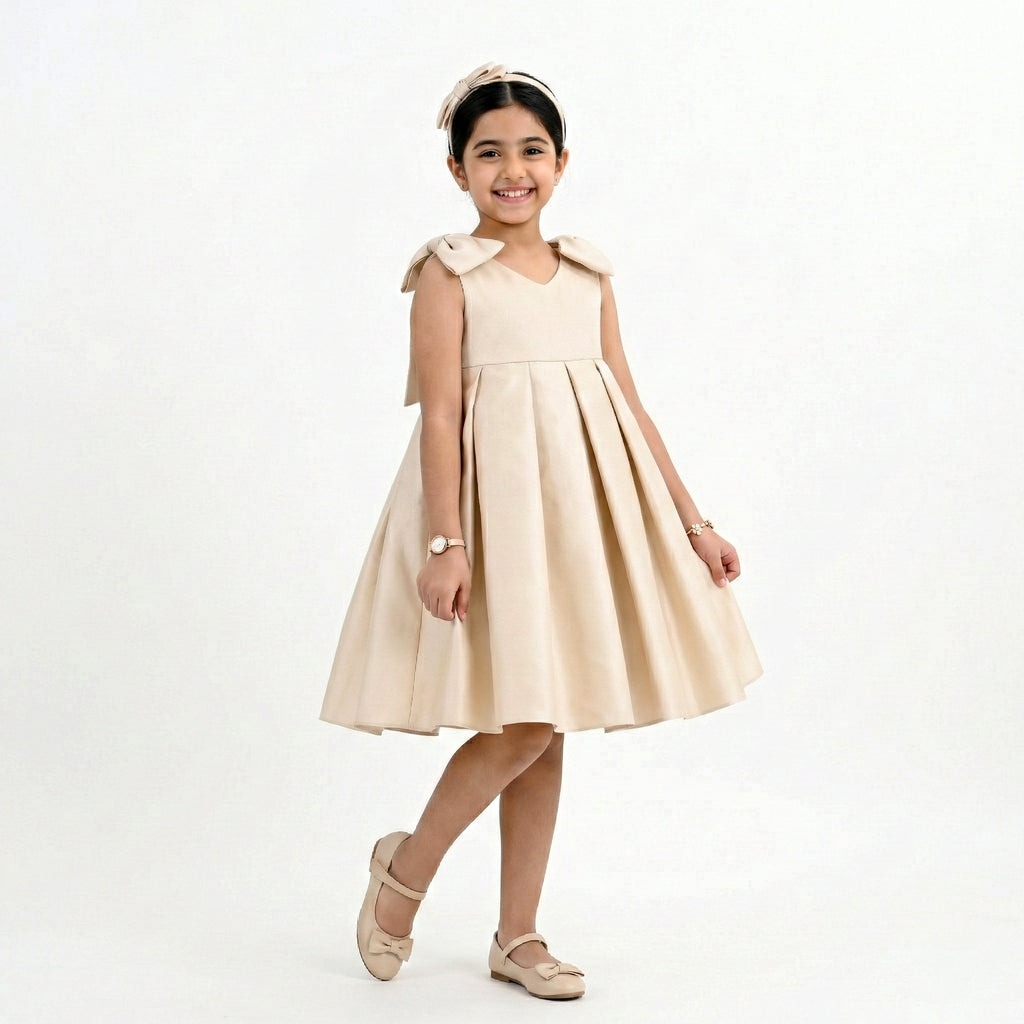 Girls' Sophisticated Satin Gala Dress with Structural Bow Details