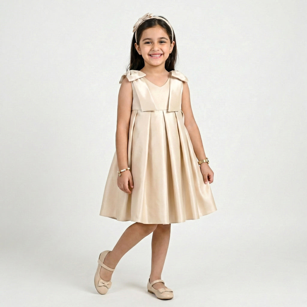 Girls' Sophisticated Satin Formal Dress with Structural Bow Details
