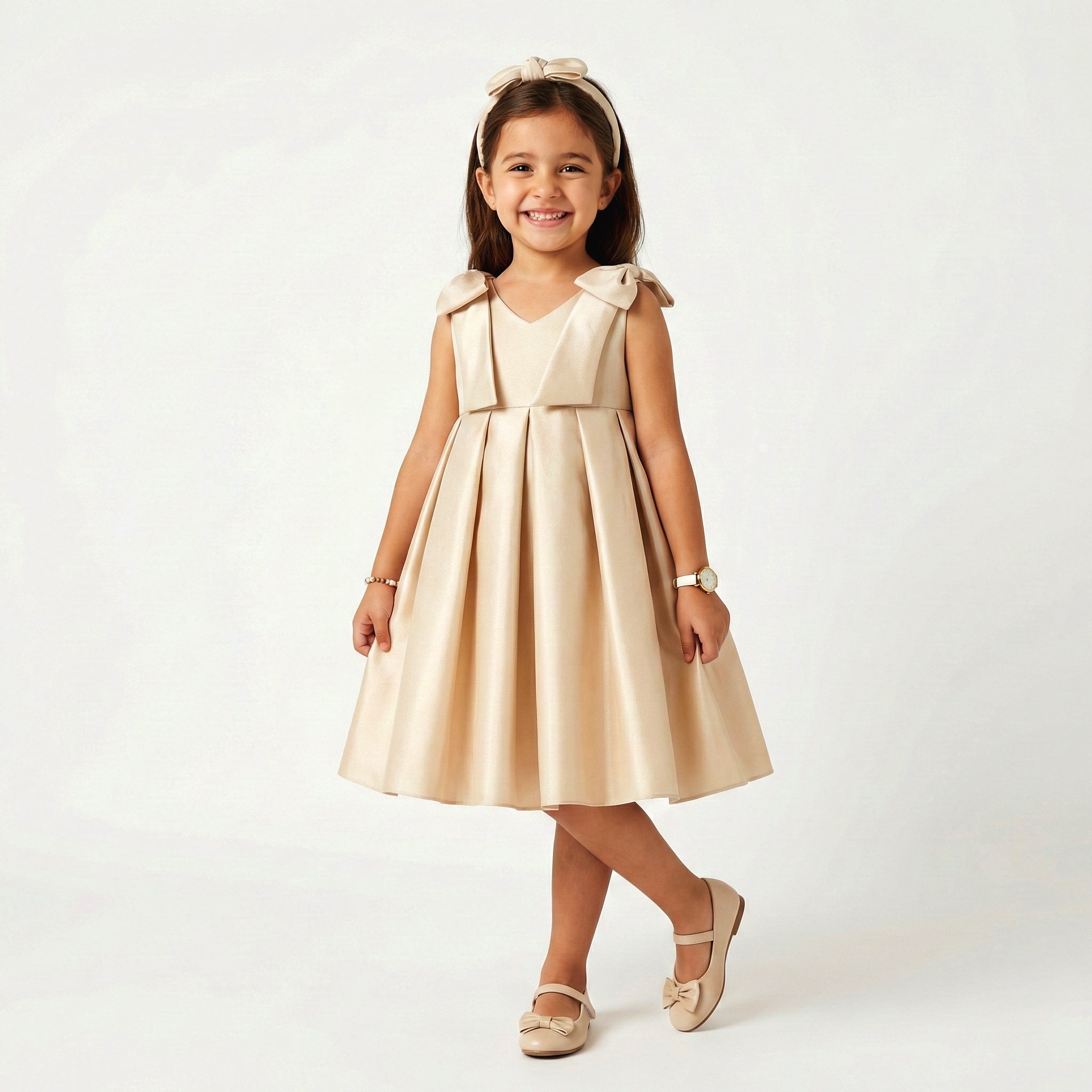 Girls' Classic Satin A-Line Dress with Shoulder Bow Accents