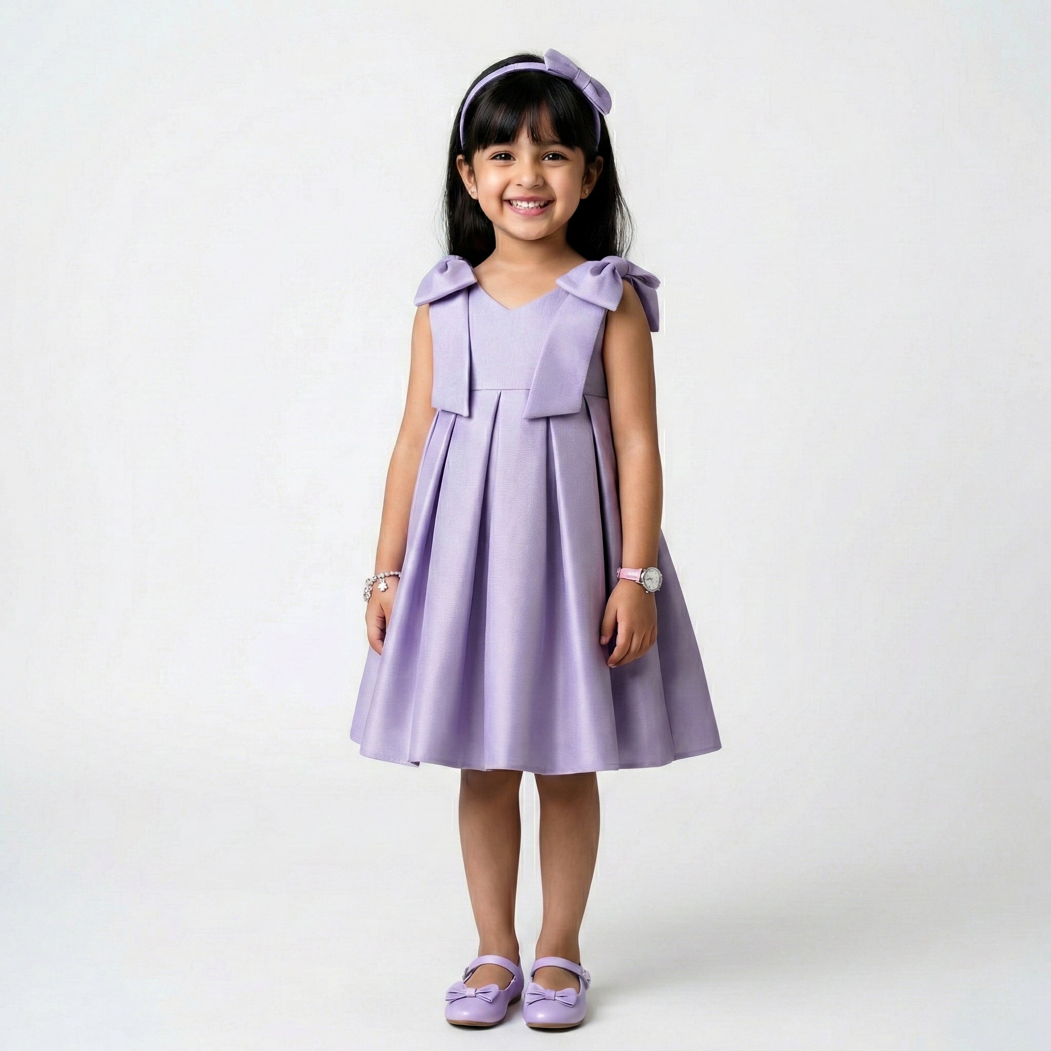 Girls' Classic Satin A-Line Dress with Shoulder Bow Accents