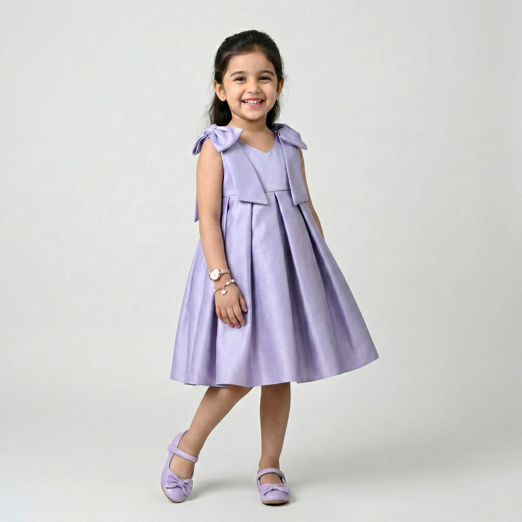 Girls' Pleated Satin Gala Dress with Elegant Shoulder Bows
