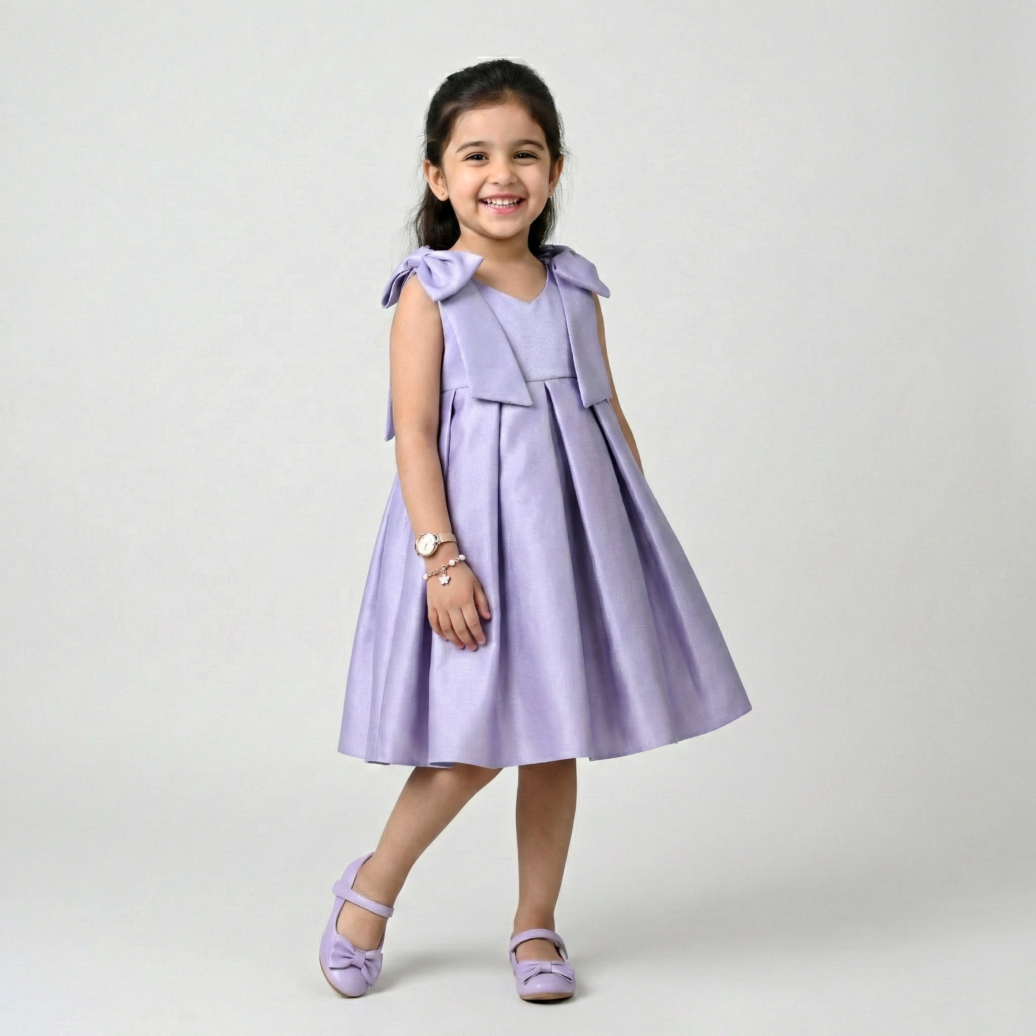 Girls' Pleated Satin Gala Dress with Elegant Shoulder Bows