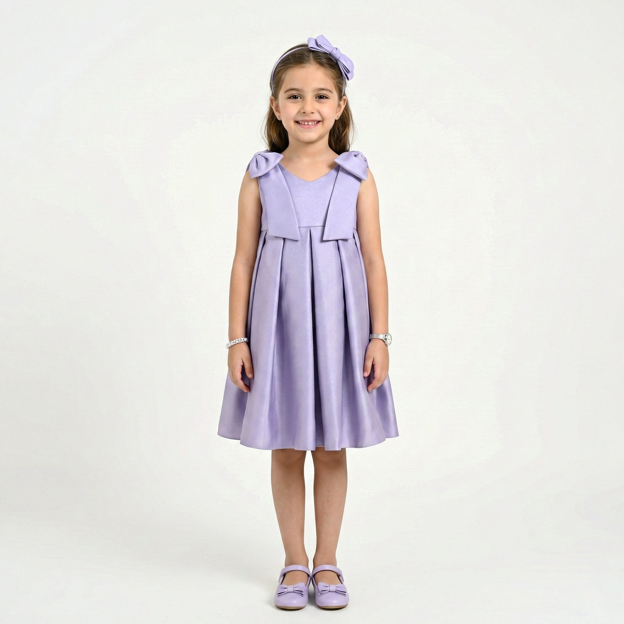 Girls' Sophisticated Satin Formal Dress with Structural Bow Details