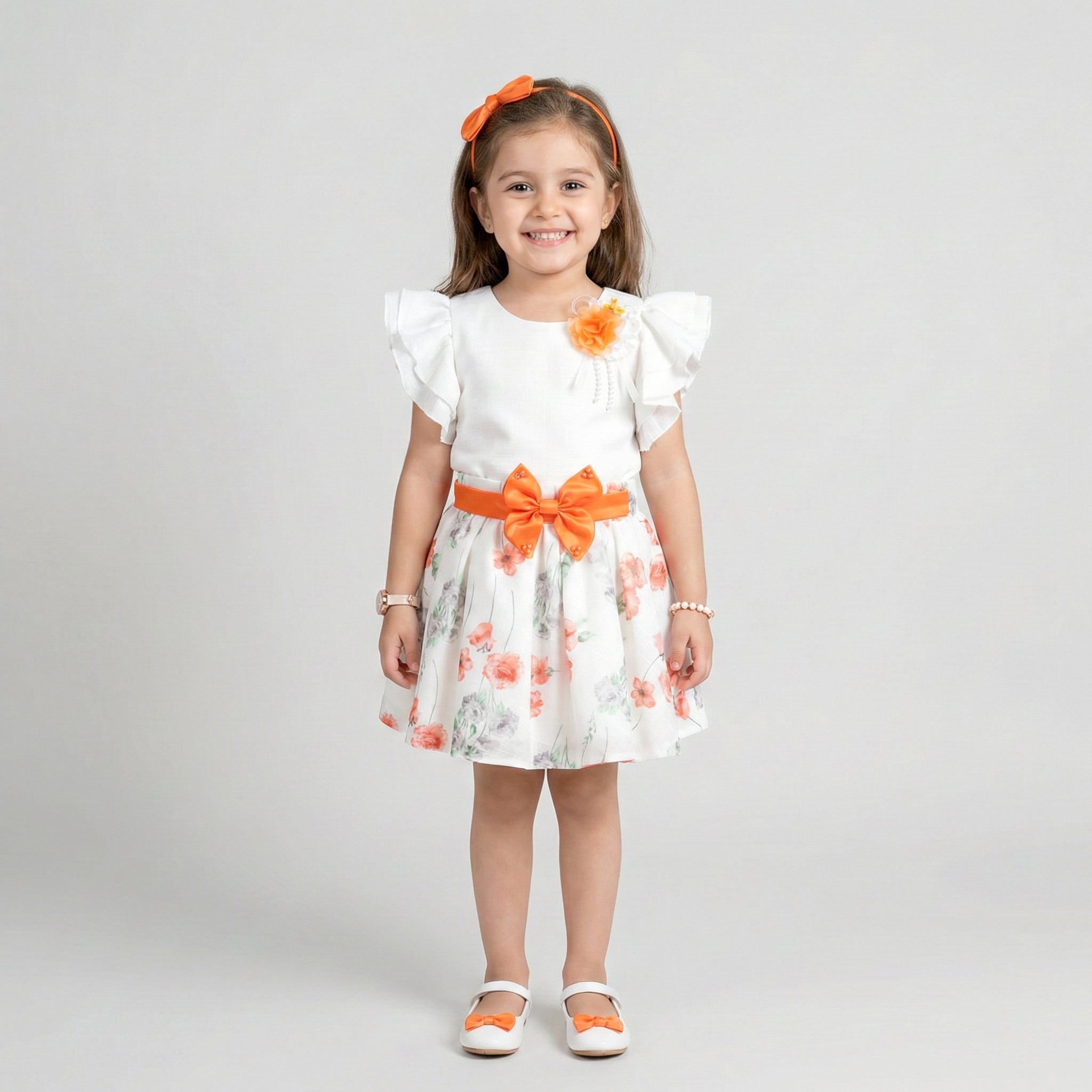 Girls' Floral Garden Party Dress – White & Poppy Orange with Matching Headband