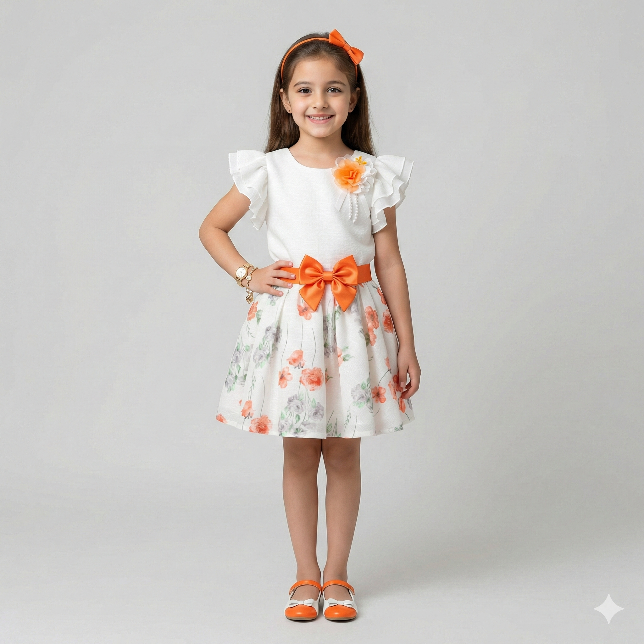 Girls' Floral Garden Party Dress – White & Poppy Orange with Matching Headband