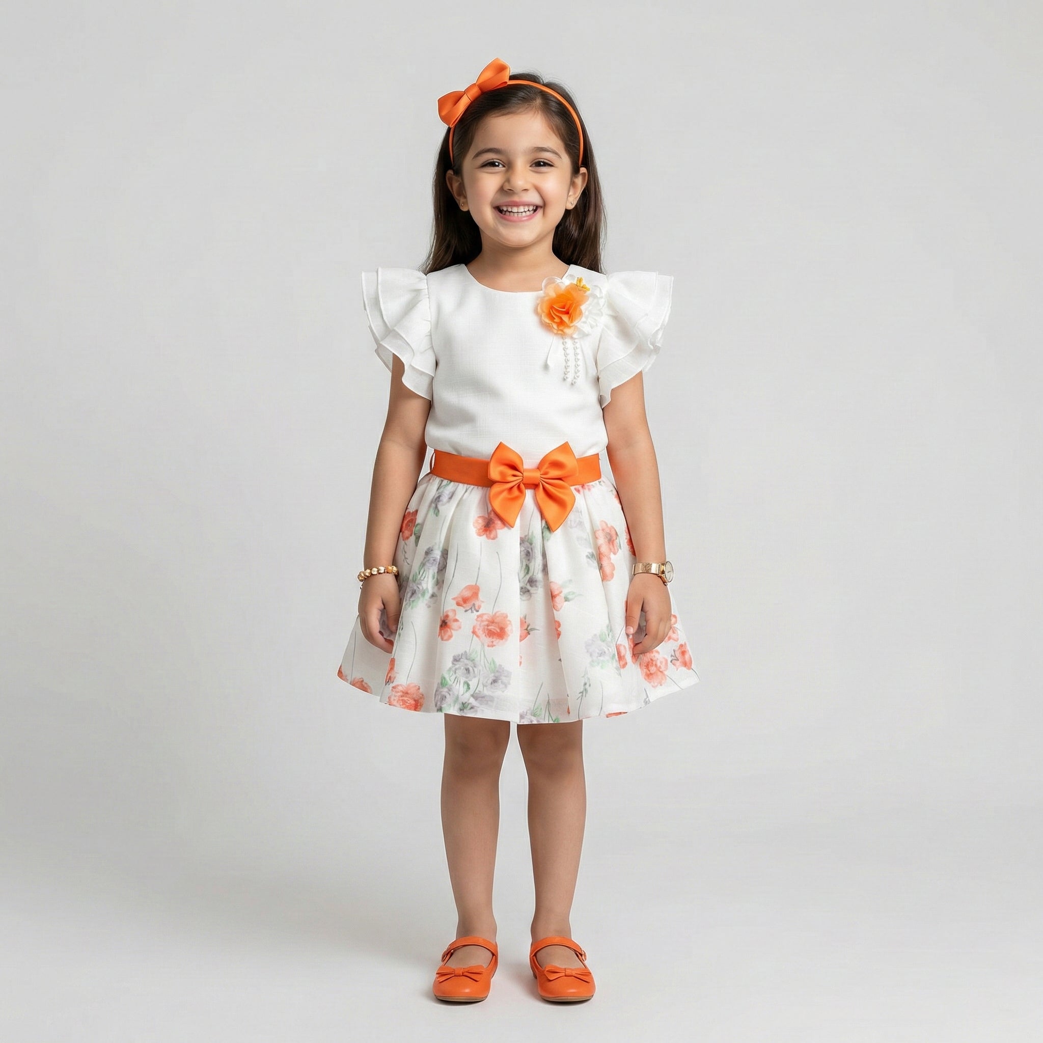 Girls' Floral Garden Party Dress – White & Poppy Orange with Matching Headband