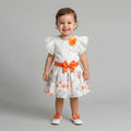 Girls' Floral Garden Party Dress – White & Poppy Orange with Matching Headband