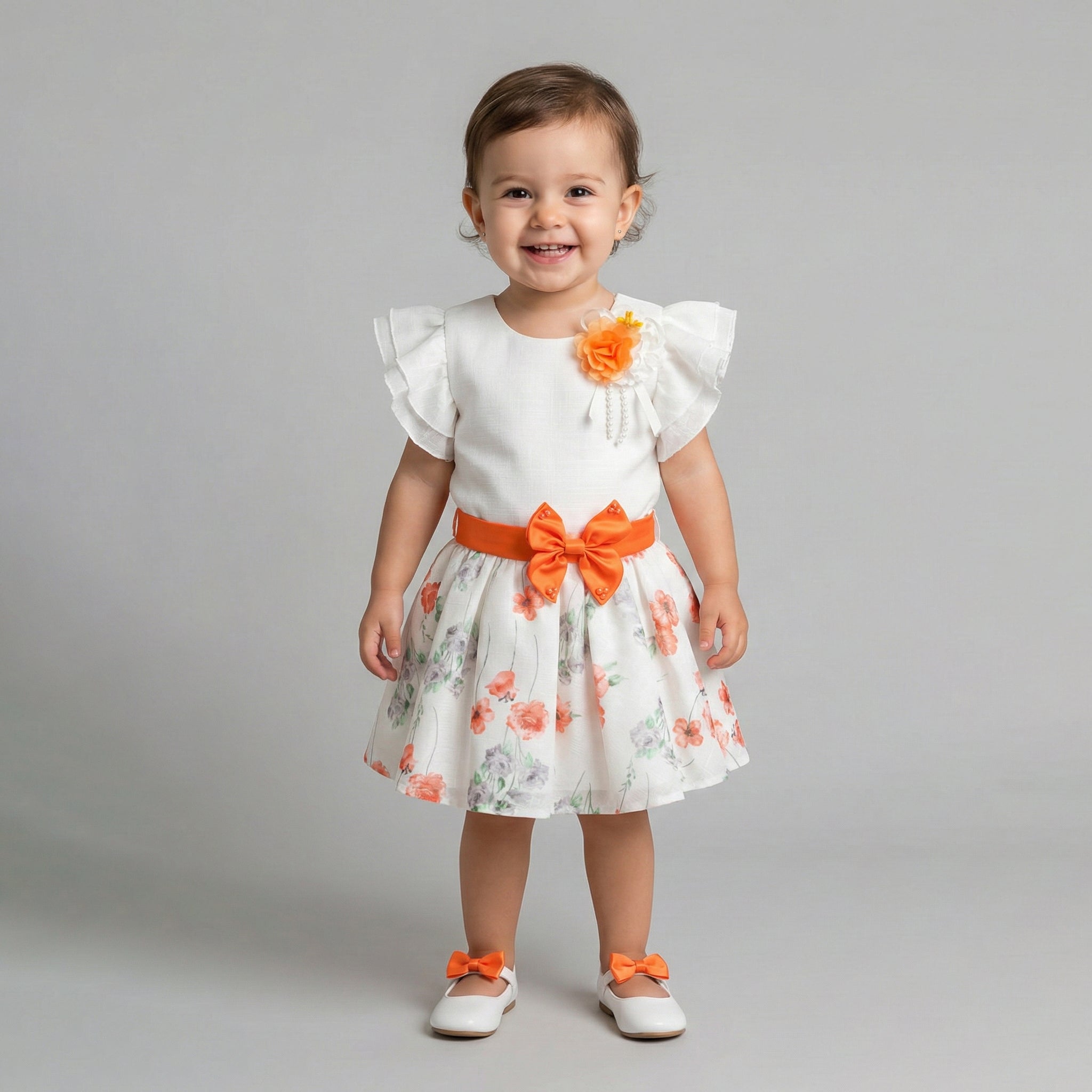 Girls' Floral Garden Party Dress – White & Poppy Orange with Matching Headband