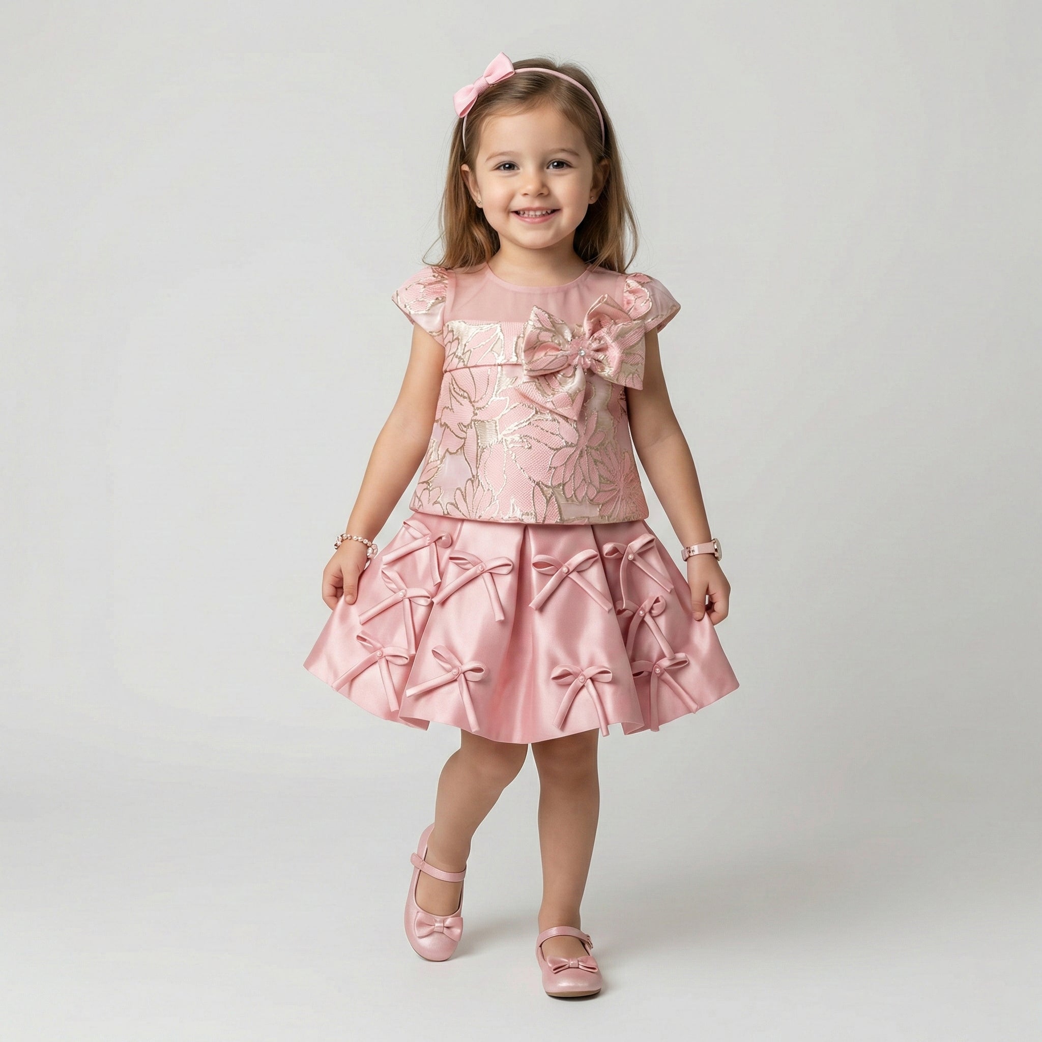 Girls' Two-Piece Style Occasion Dress with Floral Brocade and Ribbon Bows