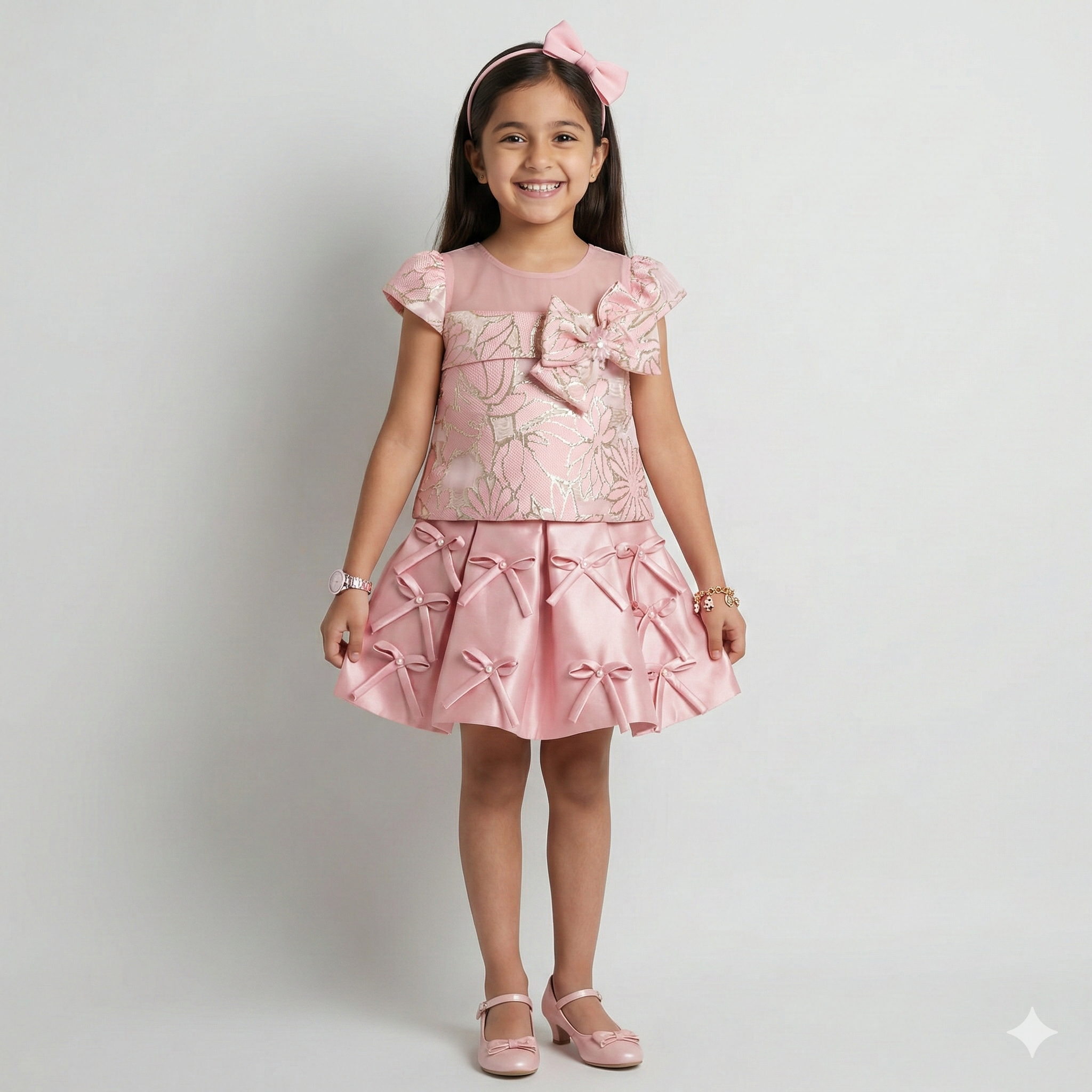 Girls' Two-Piece Style Occasion Dress with Floral Brocade and Ribbon Bows