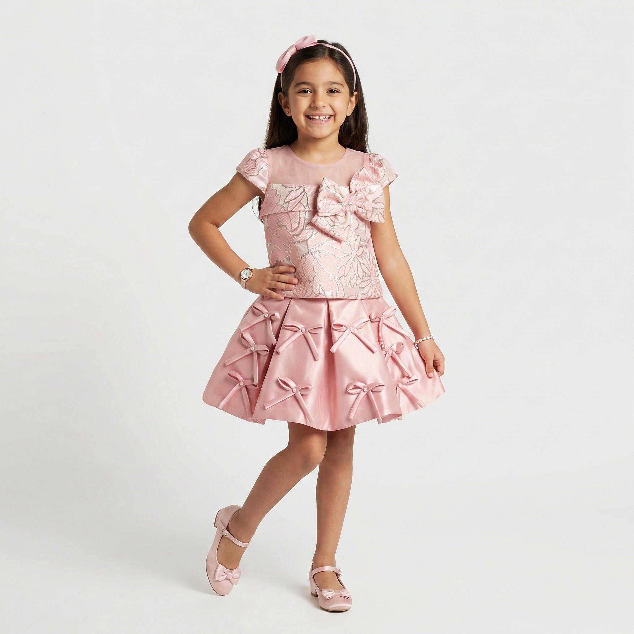 Girls' Two-Piece Style Occasion Dress with Floral Brocade and Ribbon Bows